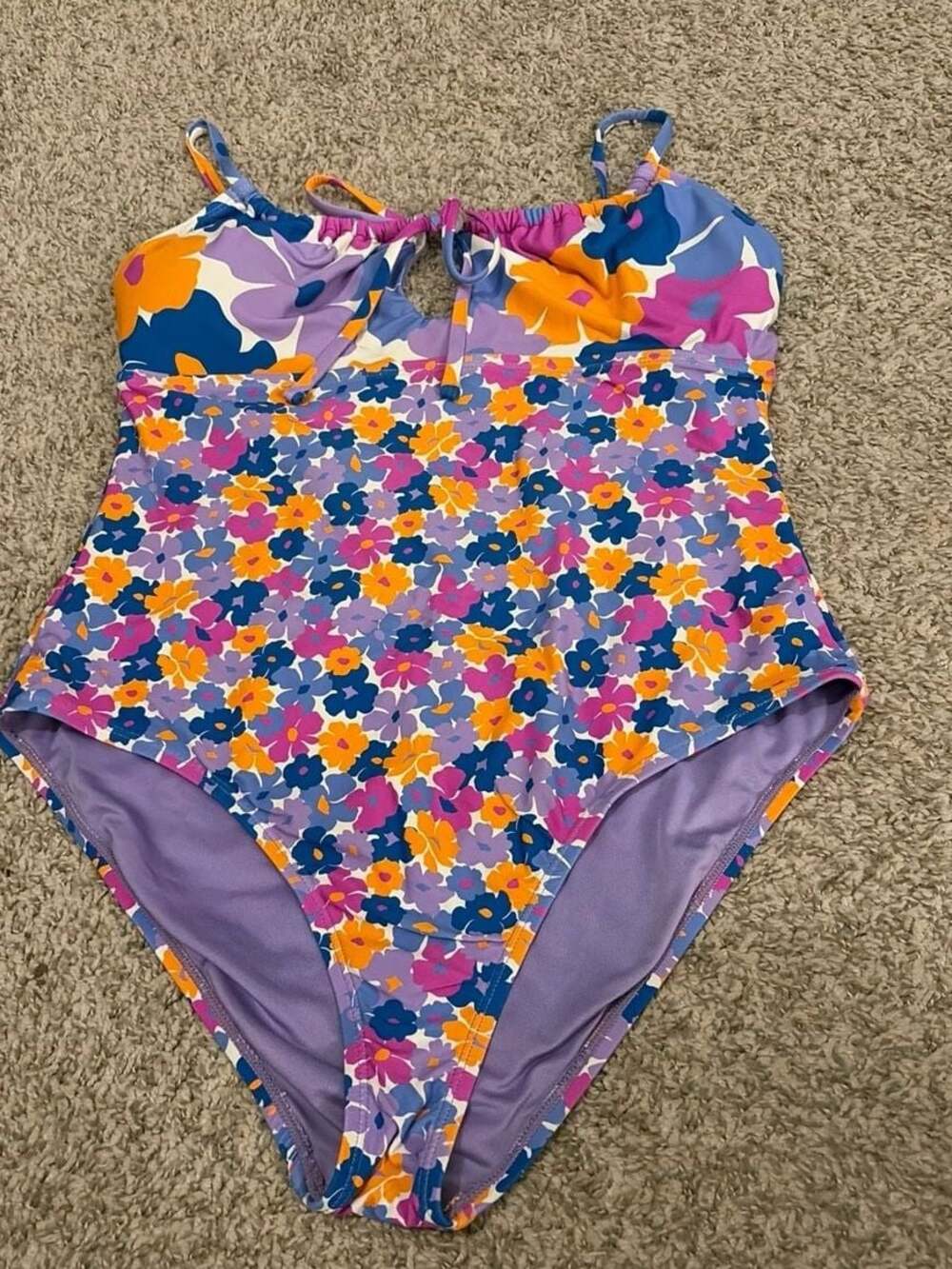 Roxy Mixed Floral Print Keyhole One-Piece Swimsuit in Purple Orange and Blue